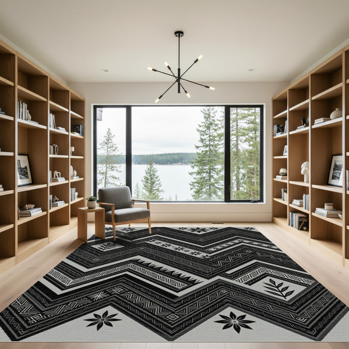 Geometric Chevron Black Floral Arrangement Rug