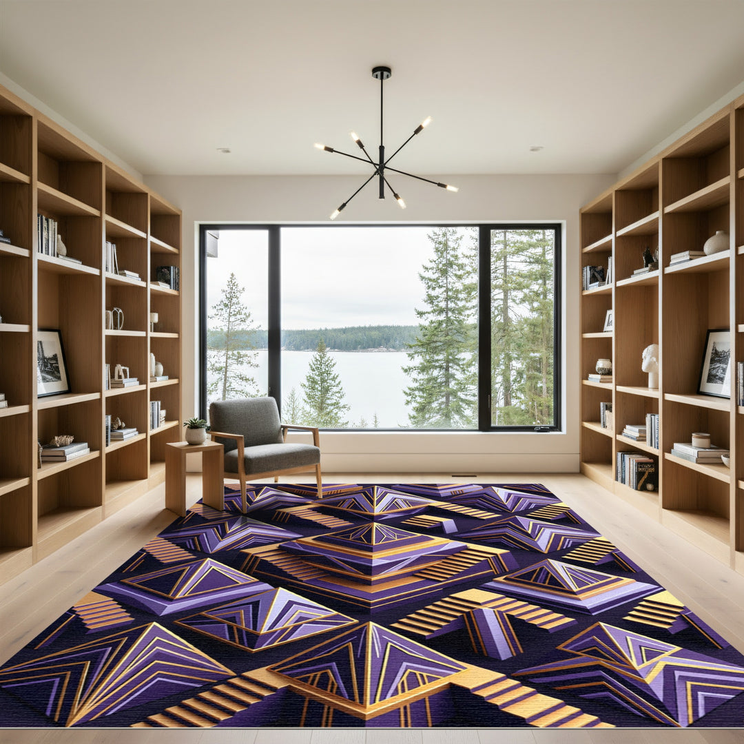 Art Deco Purple Gold Geometric Pyramid Rug