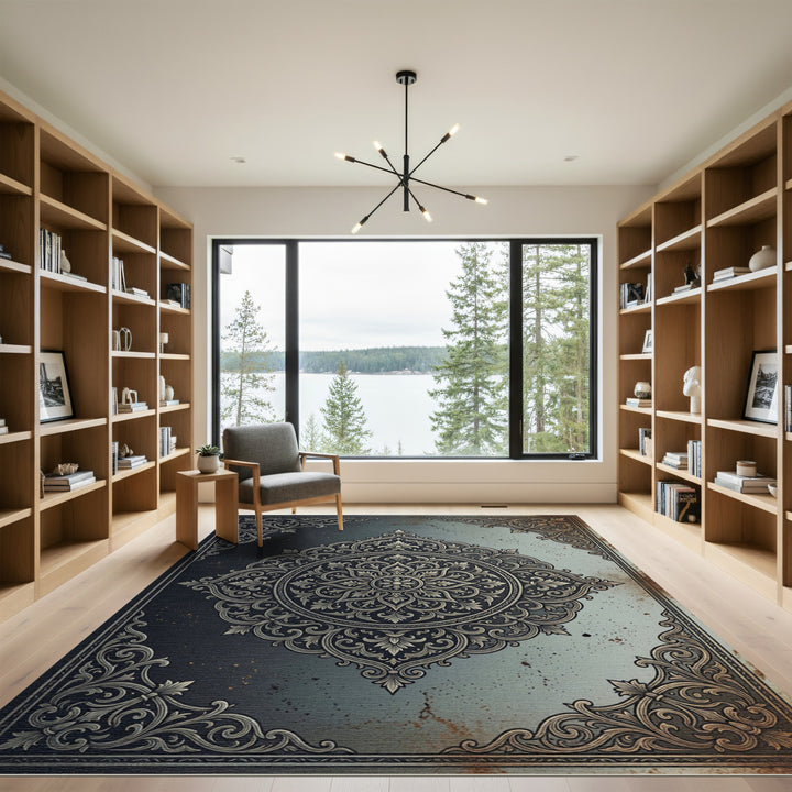 Ornate Dark Gray Mandala Rug