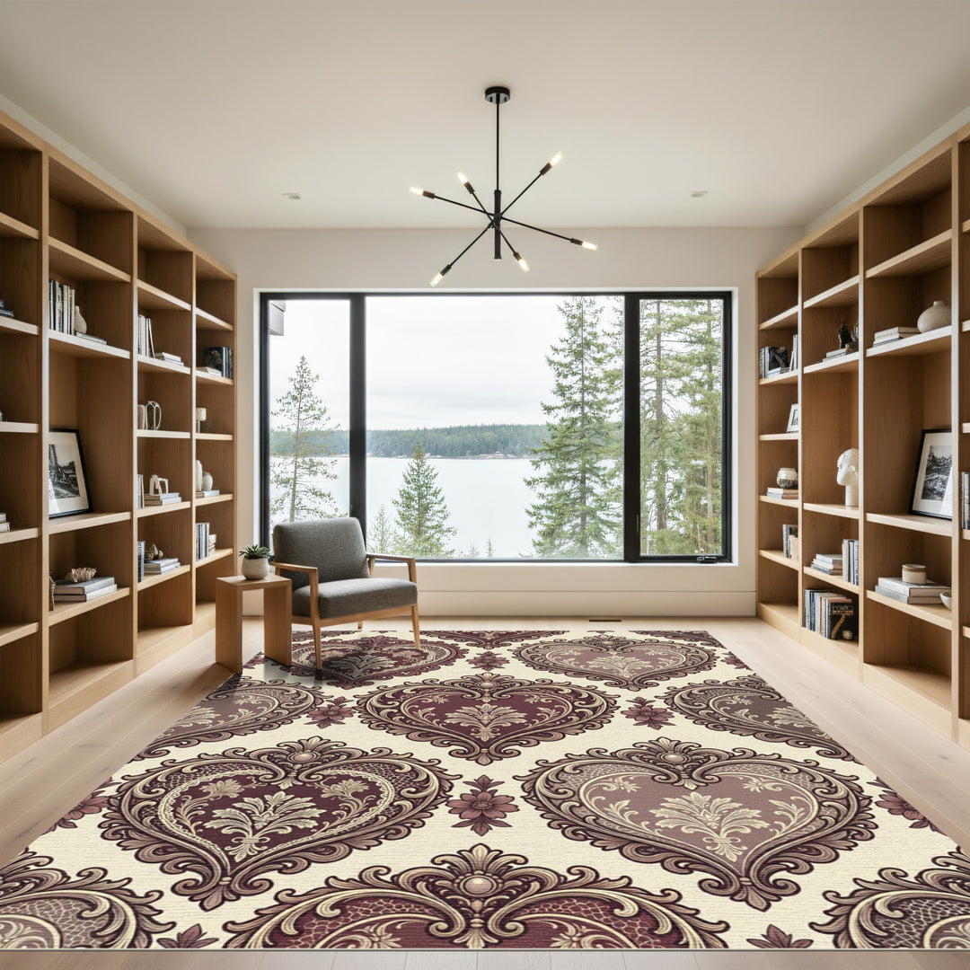 Ornate Burgundy Heart Damask Rug