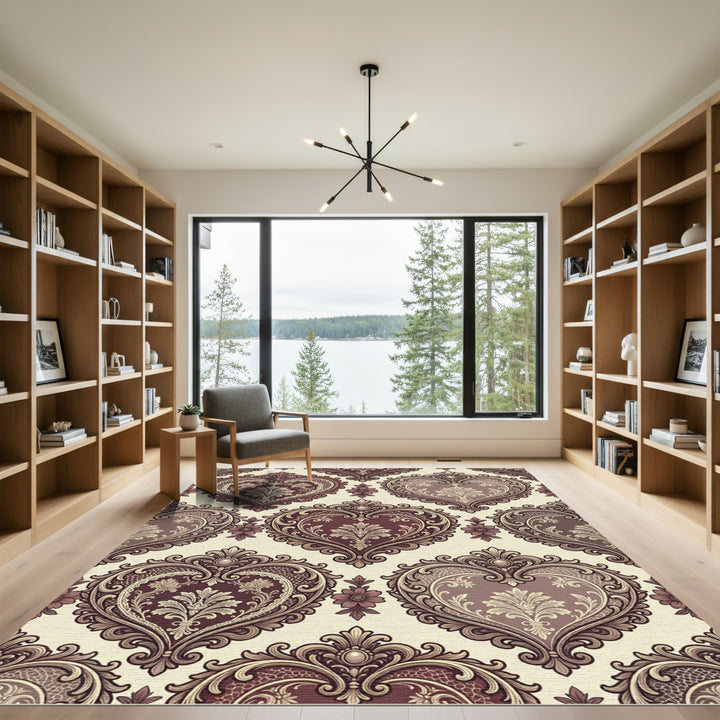 Ornate Burgundy Heart Damask Rug
