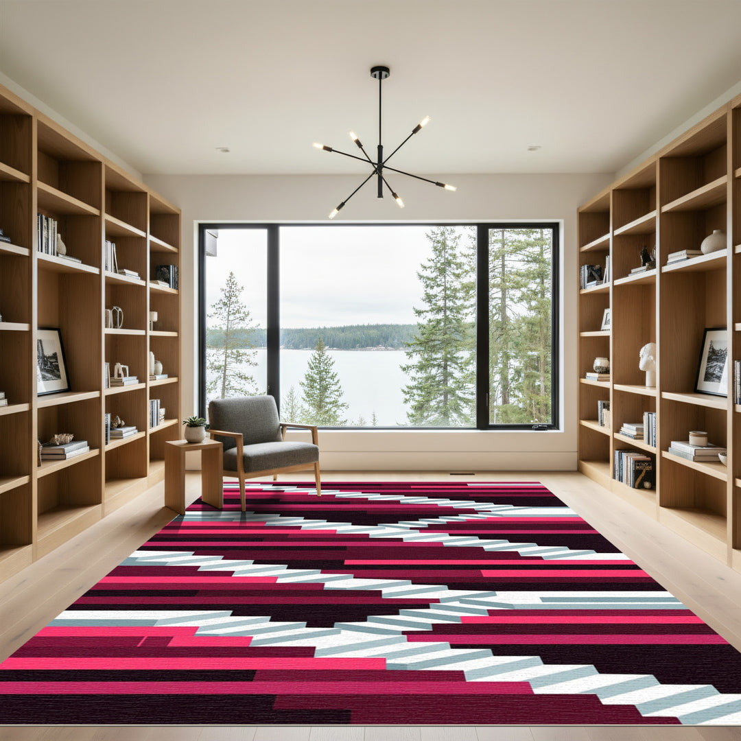 Crimson White Geometric Staircase Wonder Rug