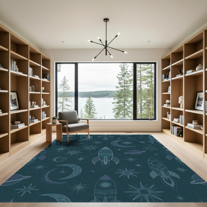 Teal Rocket Moon Starfield Theme Rug