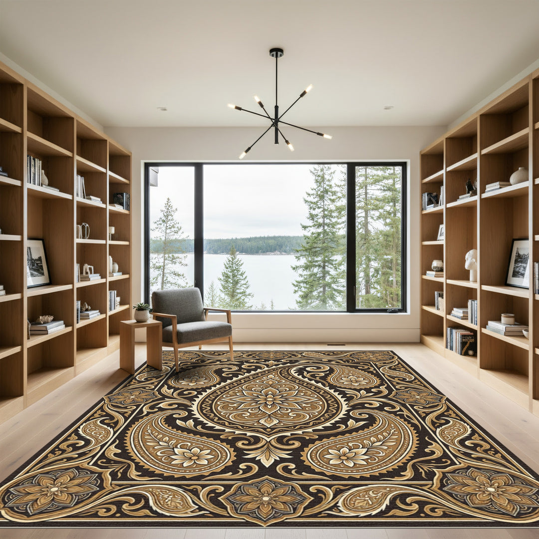 Ornate Brown Paisley Floral Frame Rug