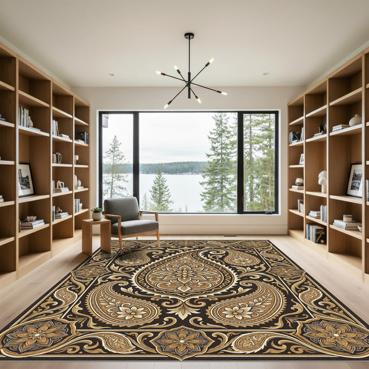 Ornate Brown Paisley Floral Frame Rug