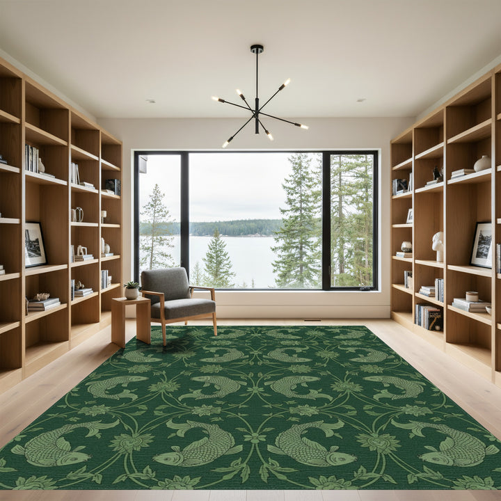 Deep Green Koi Fish Floral Swirl Rug