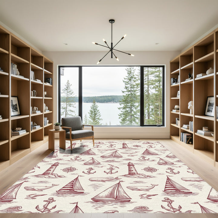 Nautical Sketch Lighthouse Sailboat Whale Anchor Rug