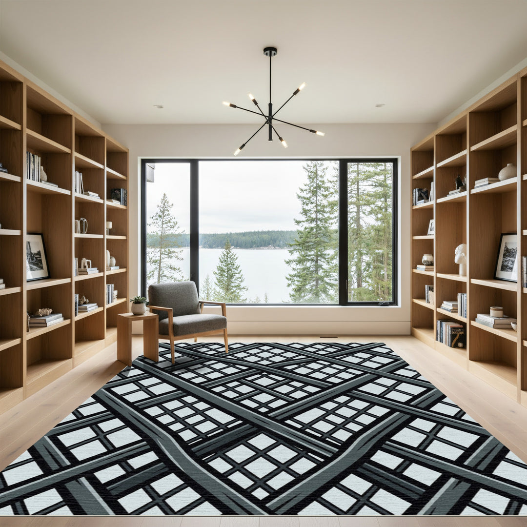Modern Gray Interlocking Geometric Mesh Rug
