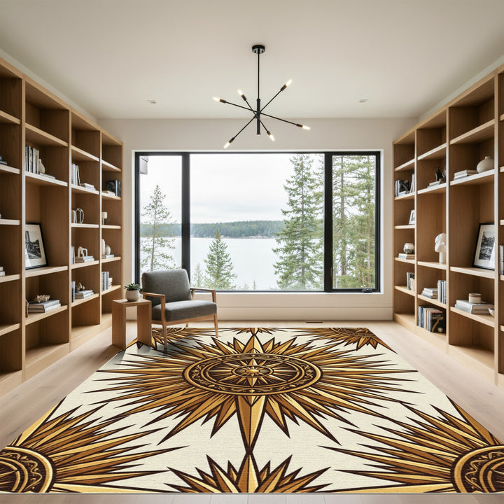 Golden Sunburst Compass Medallion Rug