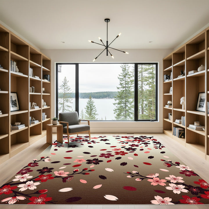 Crimson Cherry Blossom Branches Falling Petals Rug