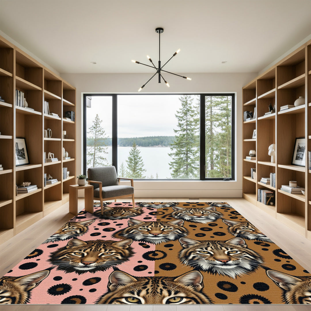 Wild Bobcat Faces Pink Brown Spots Rug