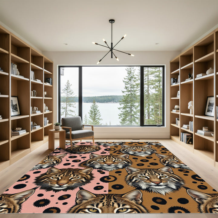 Wild Bobcat Faces Pink Brown Spots Rug