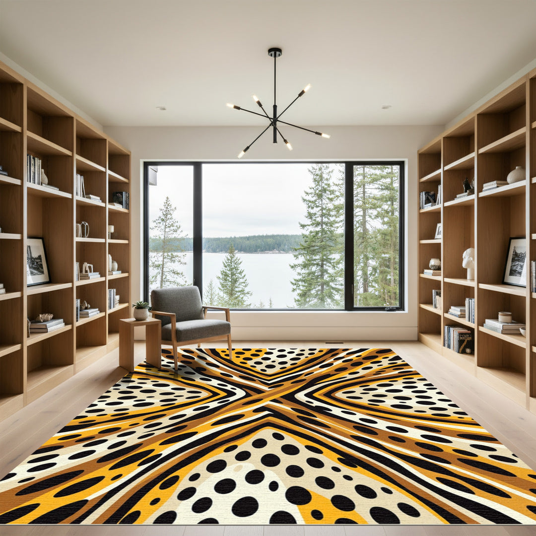 Abstract Yellow Black Dot Flow Rug