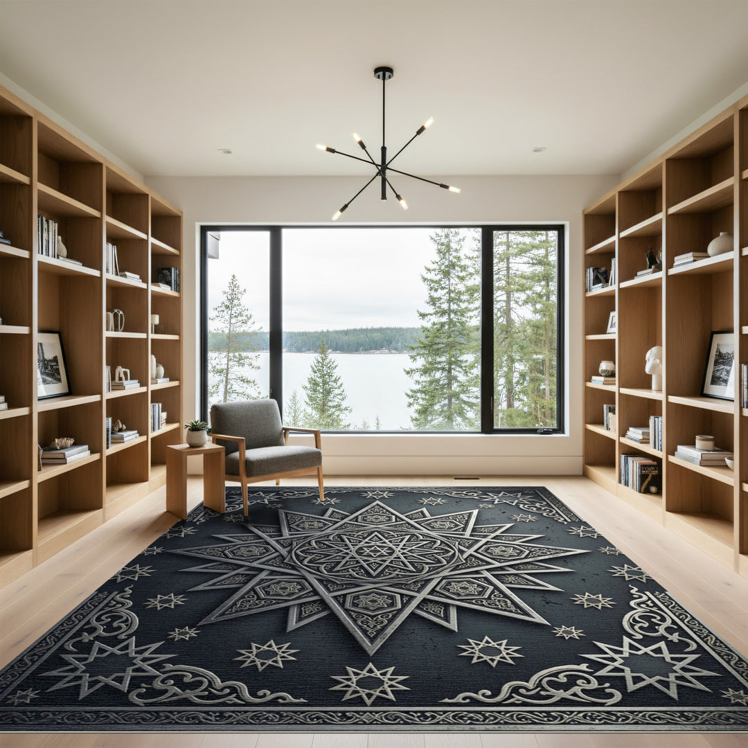Elegant Silver Starburst Mandala Rug