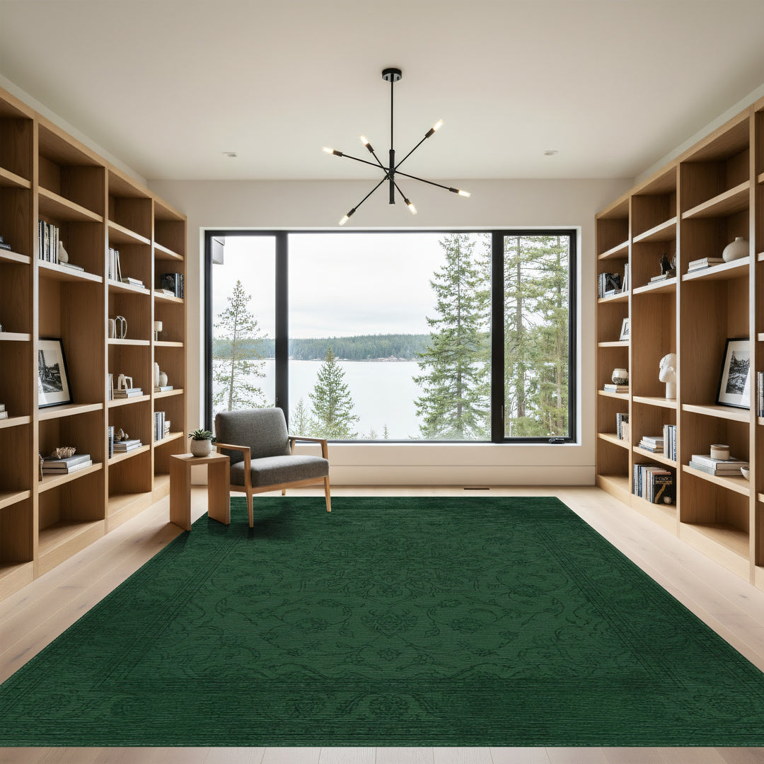 Deep Forest Green Floral Medallion Rug