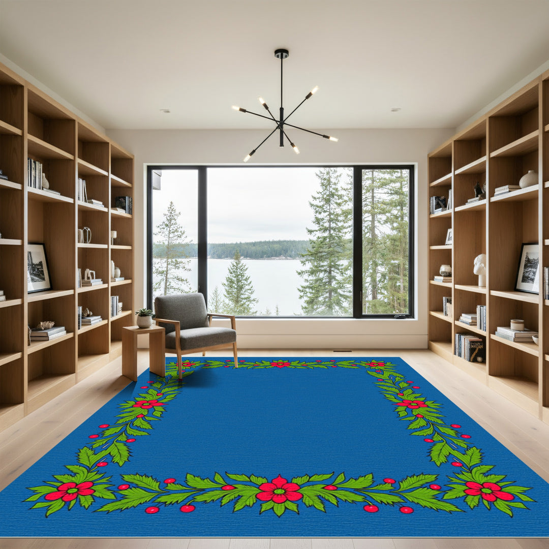 Crimson Floral Green Leaf Garland Rug