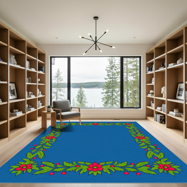 Crimson Floral Green Leaf Garland Rug
