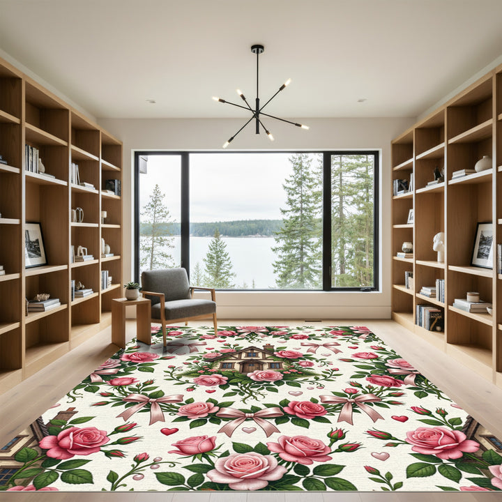Romantic Pink Roses Cottage Bows Rug