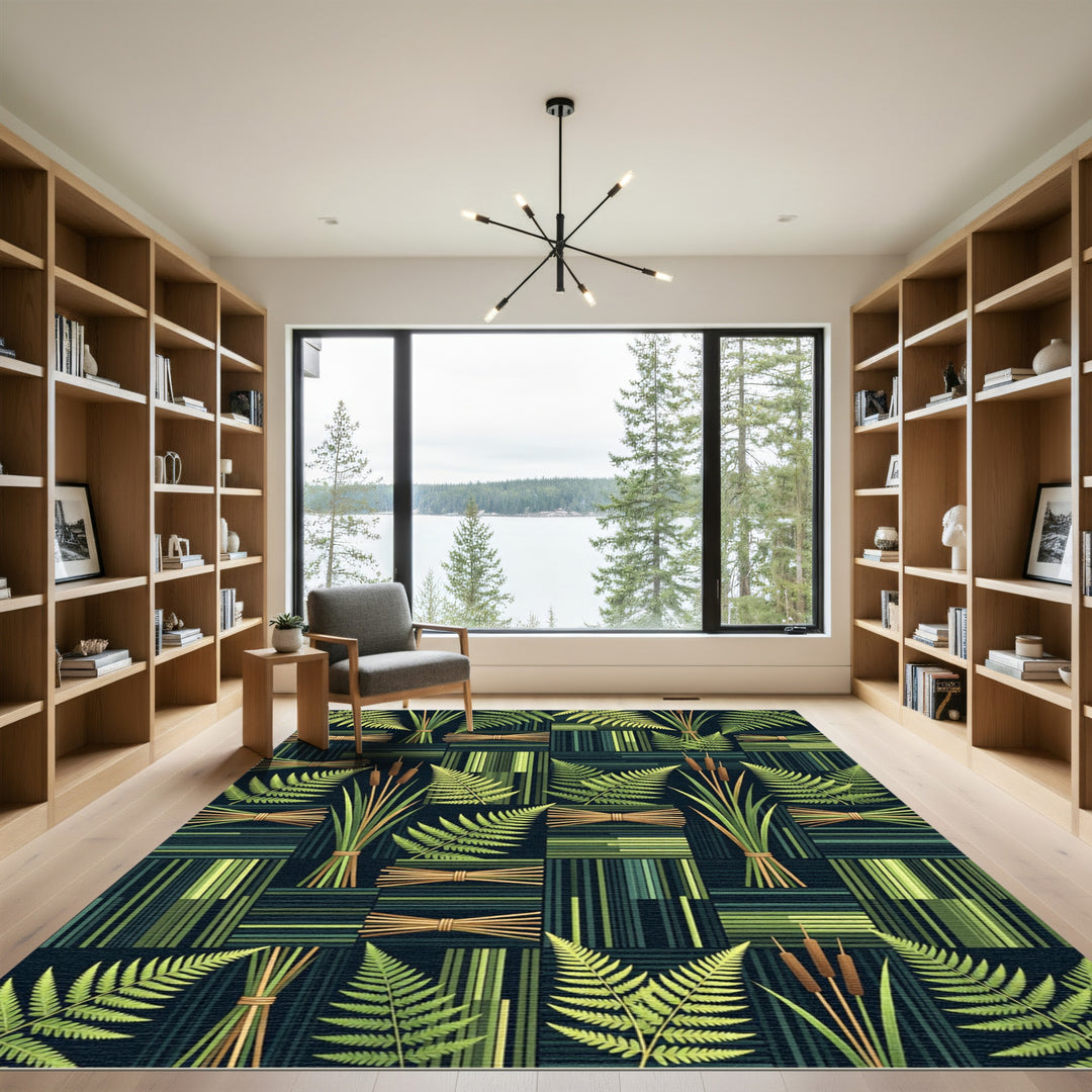 Green Fern Cattail Stripe Quilt Rug