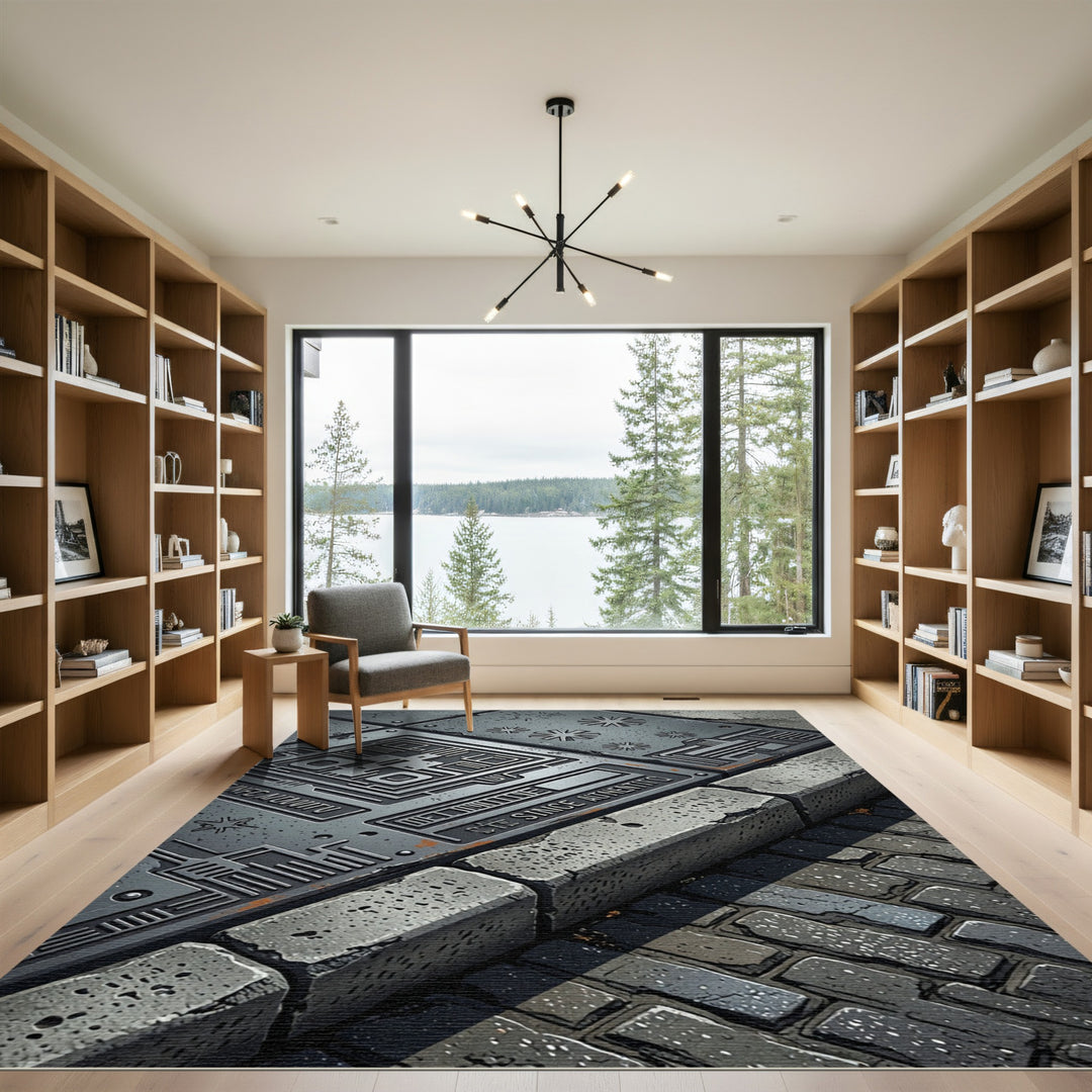 Industrial Geometric Circuit Board Rug