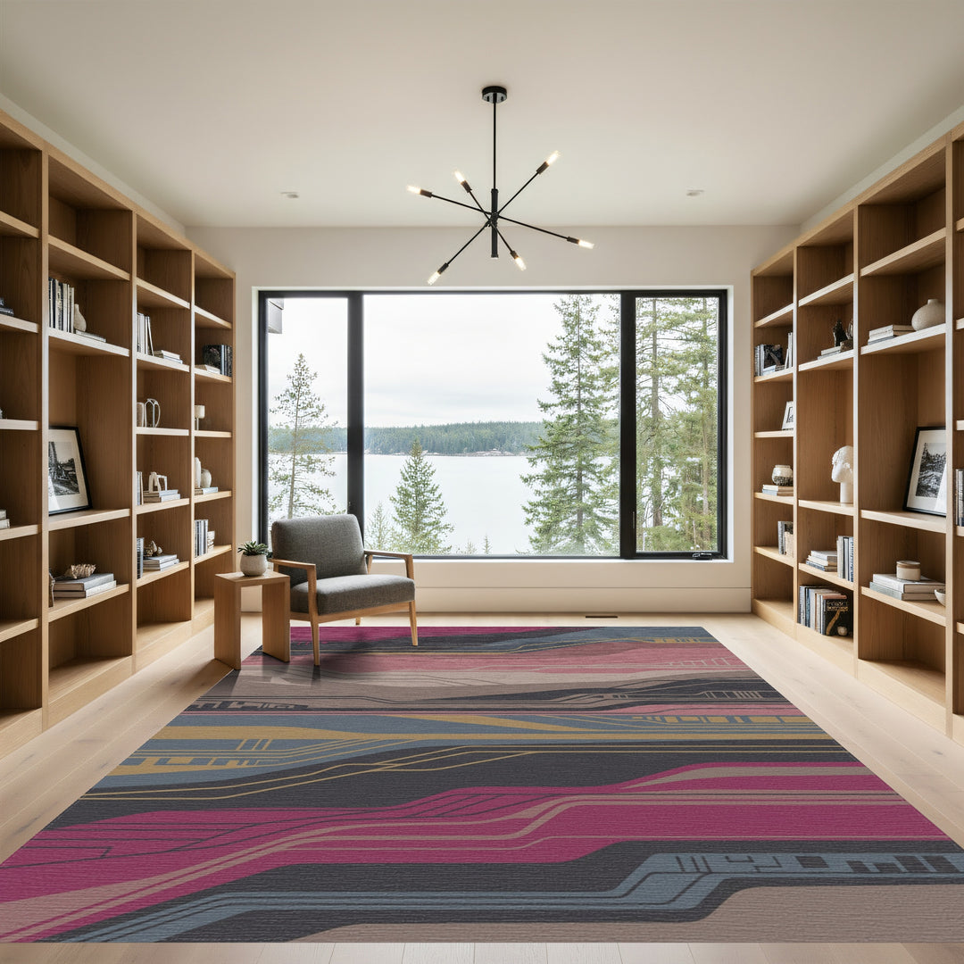 Modern Abstract Lines Magenta Blue Gold Rug