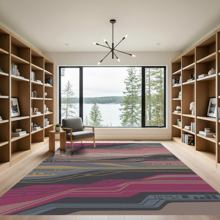 Modern Abstract Lines Magenta Blue Gold Rug