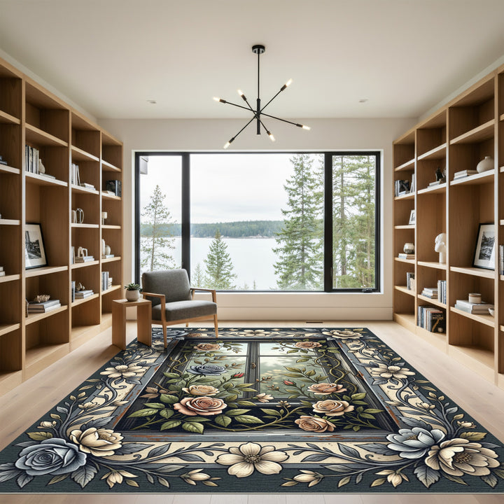Vintage Rose Garden Window Scroll Rug