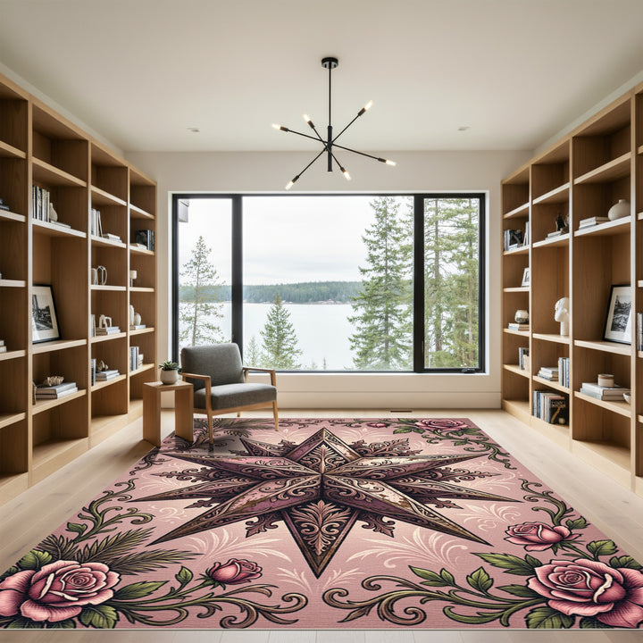Pink Rose Floral Star Medallion Rug
