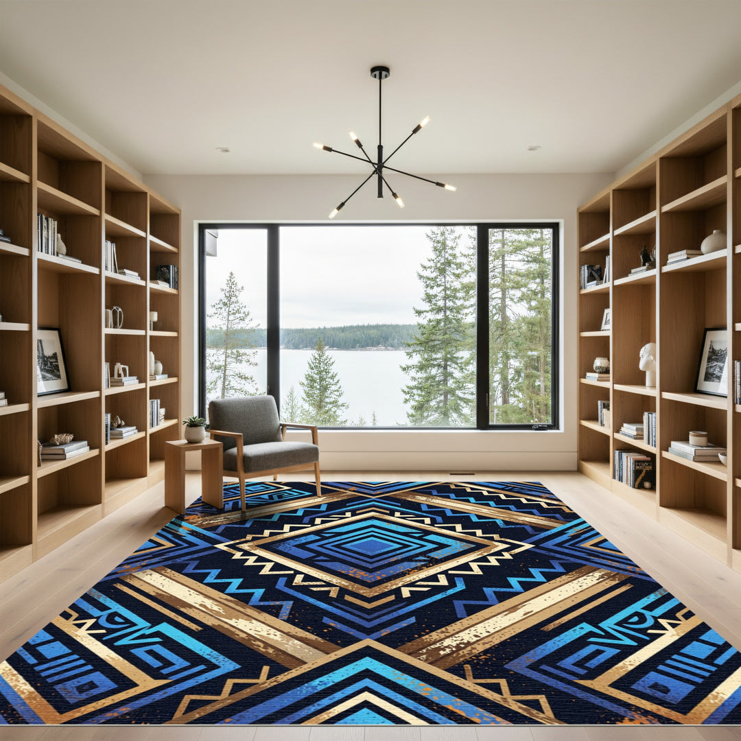 Bold Blue Geometric Zigzag Diamond Rug