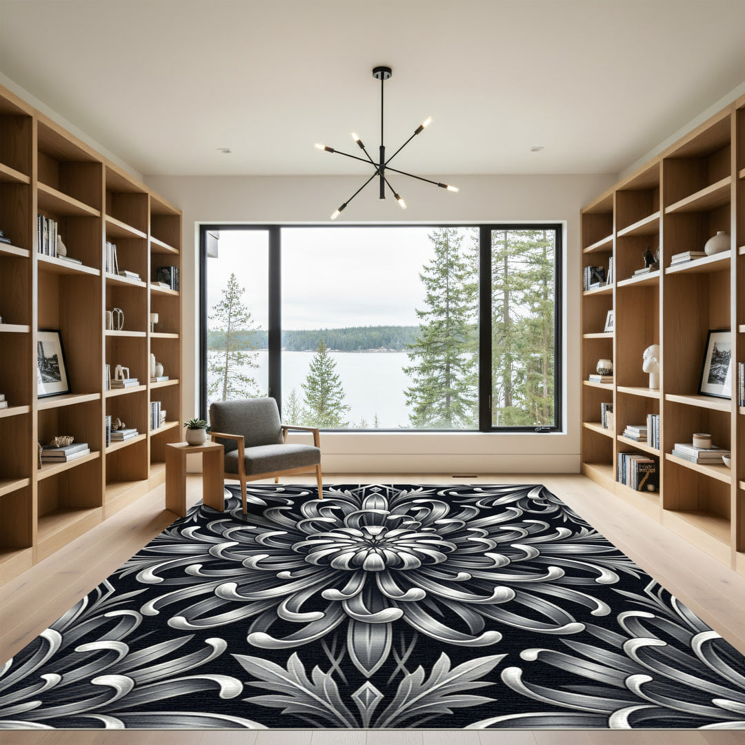Art Deco Silver Floral Chrysanthemum Rug