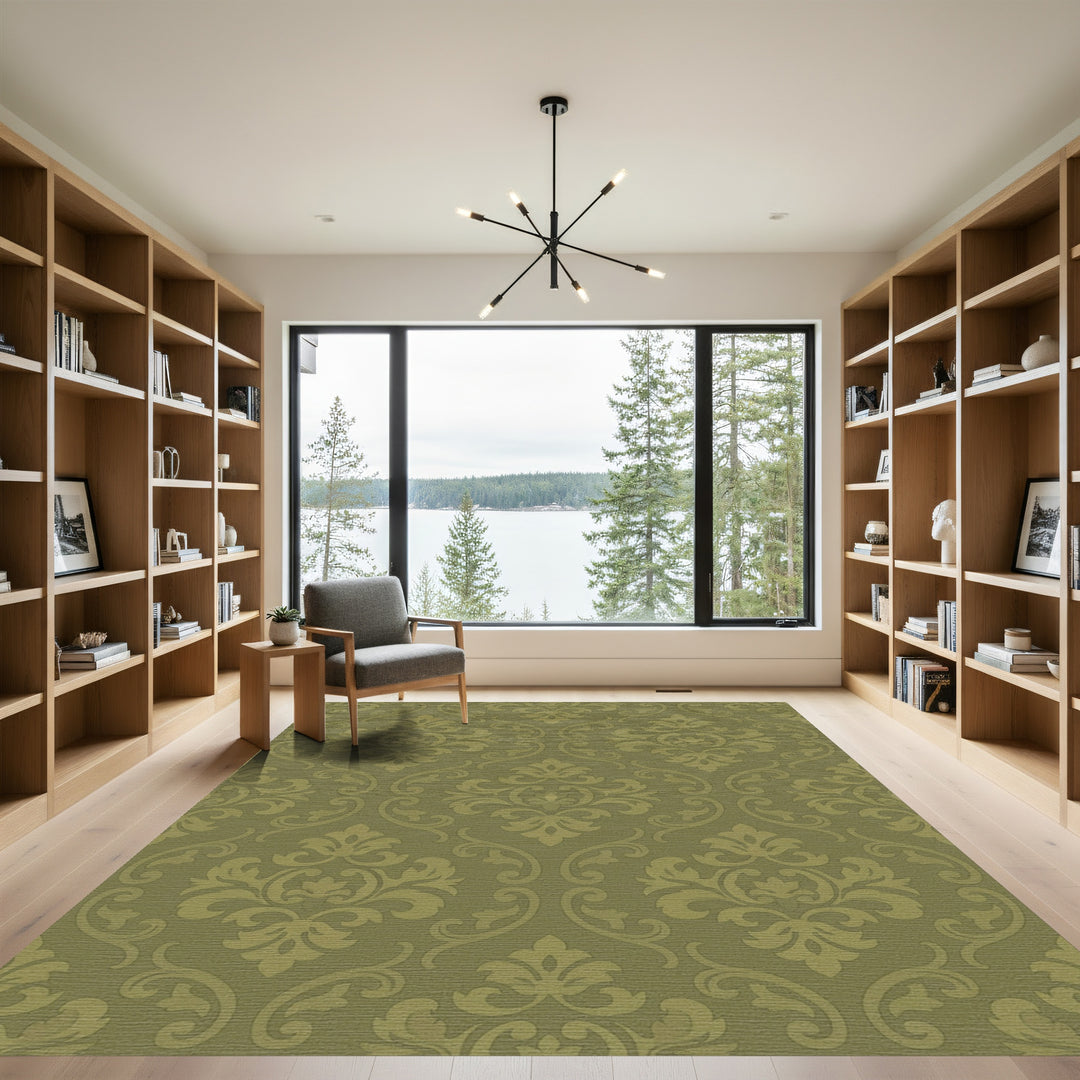 Olive Green Damask Scroll Rug