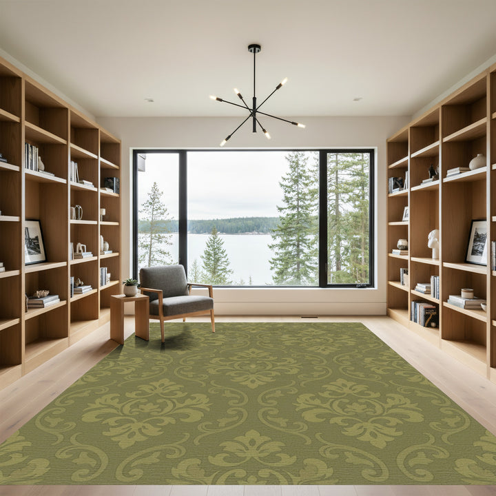 Olive Green Damask Scroll Rug