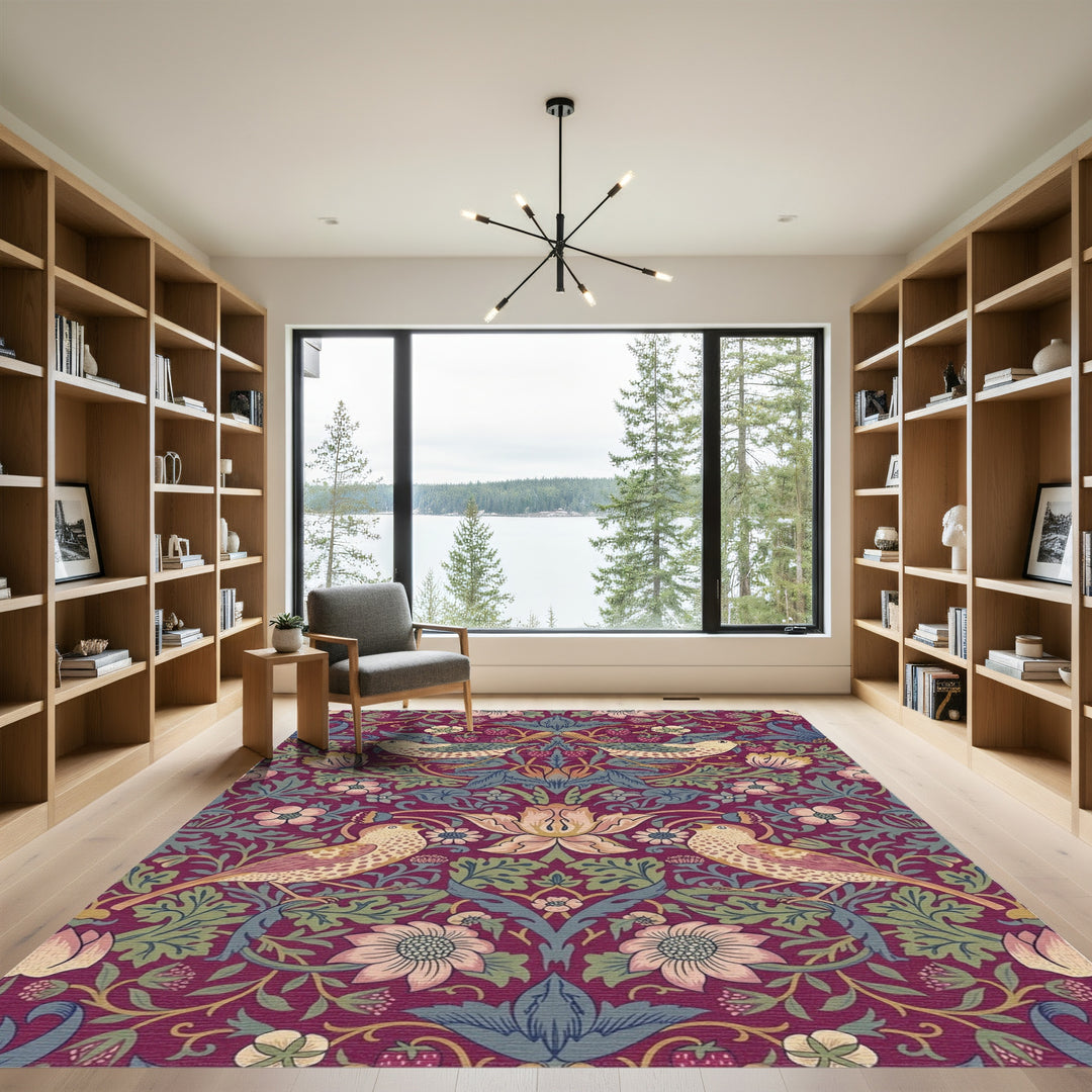 Burgundy Bird Strawberry Floral Tapestry Rug
