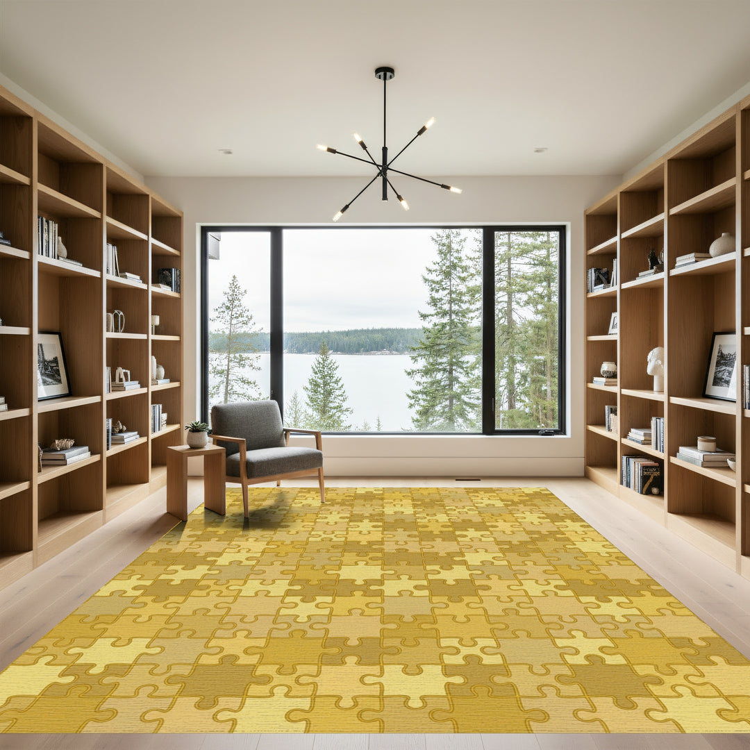 Golden Jigsaw Puzzle Tile Arrangement Rug