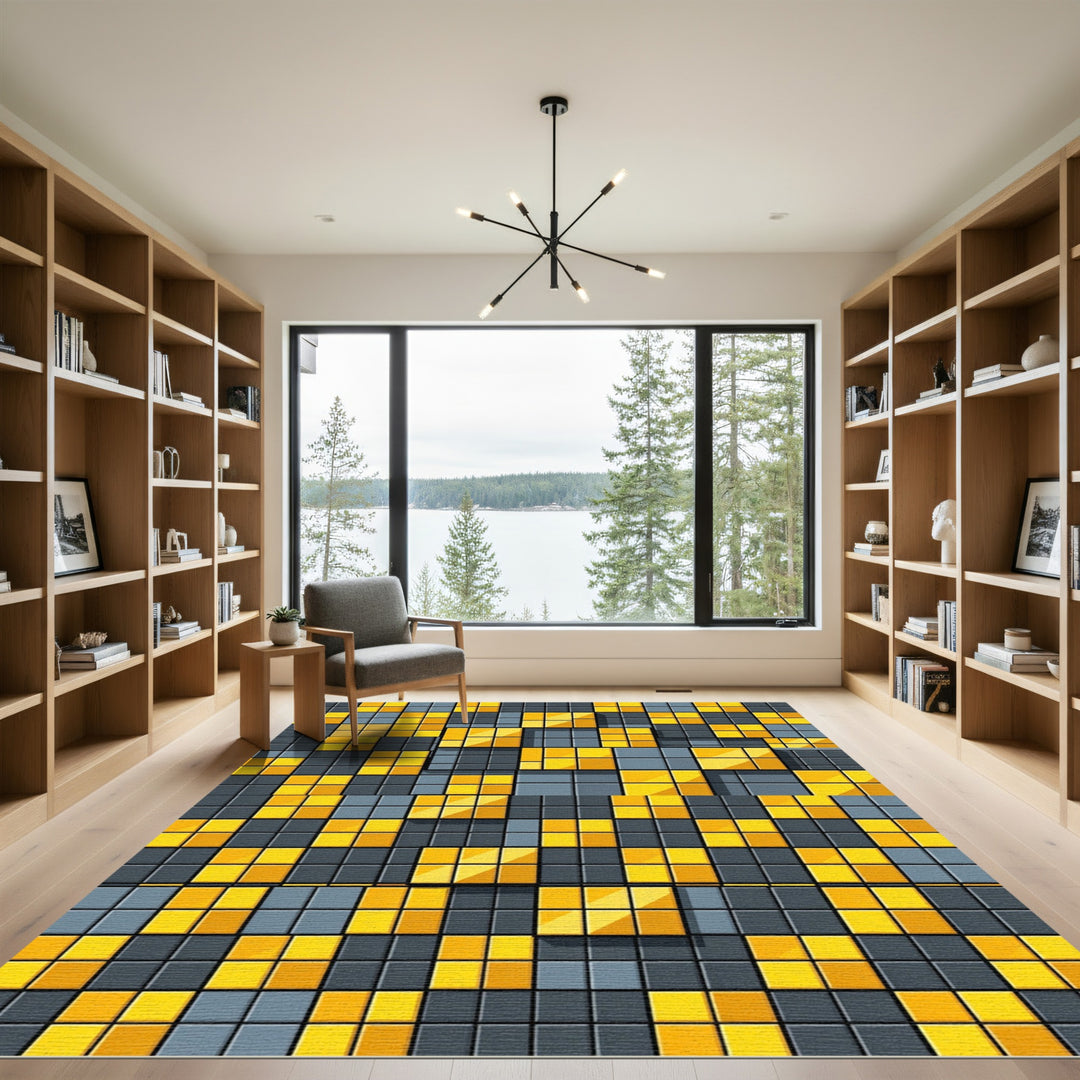 Abstract Gold Gray Square Tiles Rug