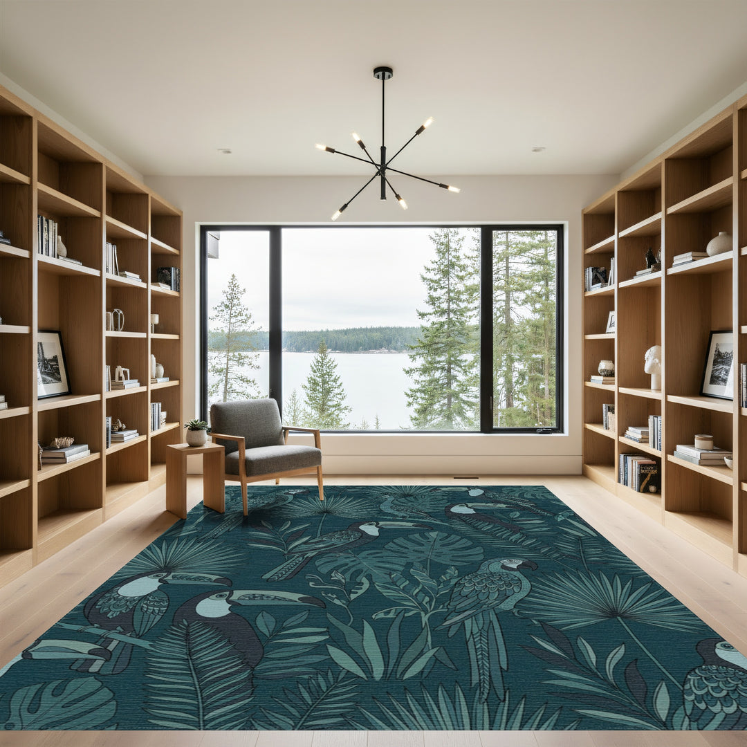 Deep Teal Tropical Bird Foliage Rug
