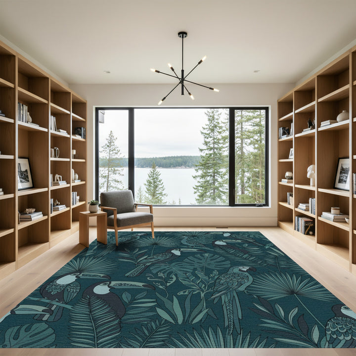 Deep Teal Tropical Bird Foliage Rug