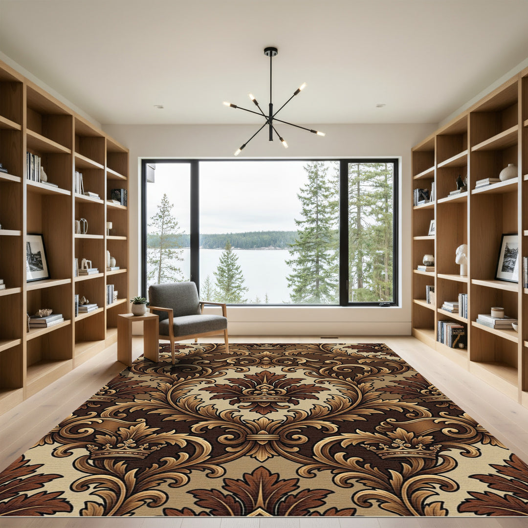 Rich Brown Royal Crown Damask Rug