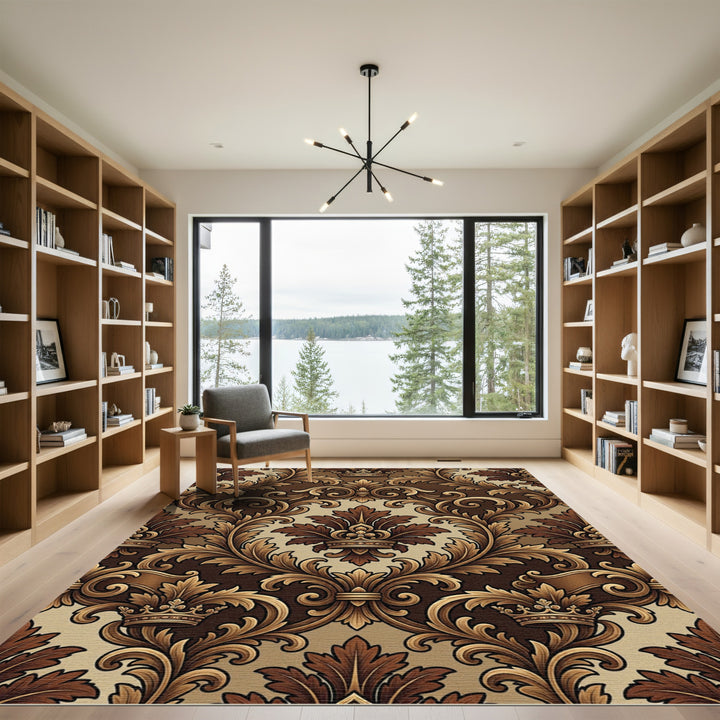 Rich Brown Royal Crown Damask Rug