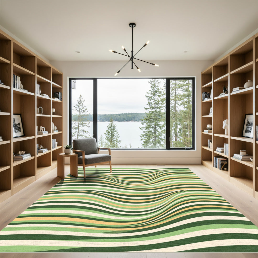 Green Cream Wavy Stripe Illusion Rug