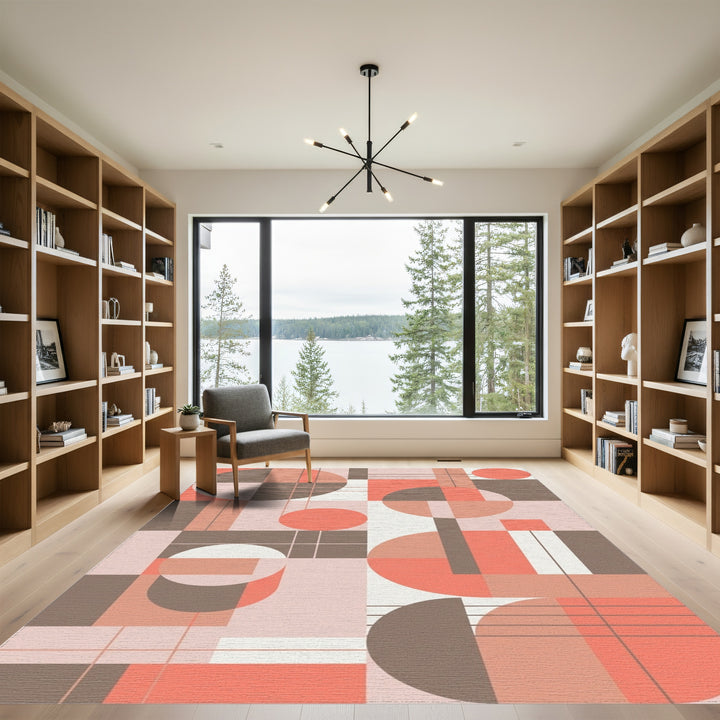 Coral Brown Geometric Circles Squares Rug