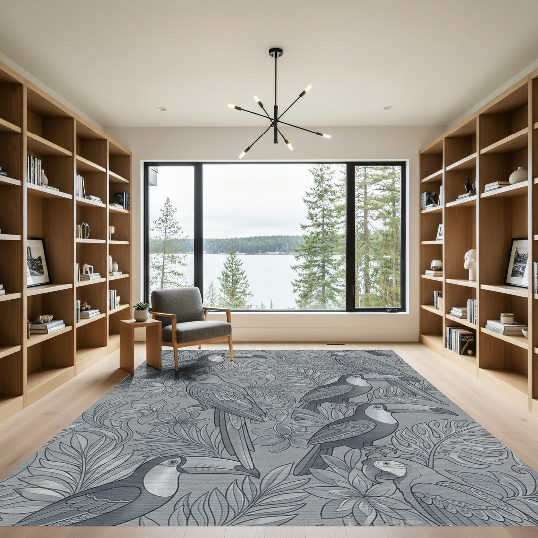 Charcoal Gray Tropical Birds Wallpaper Rug