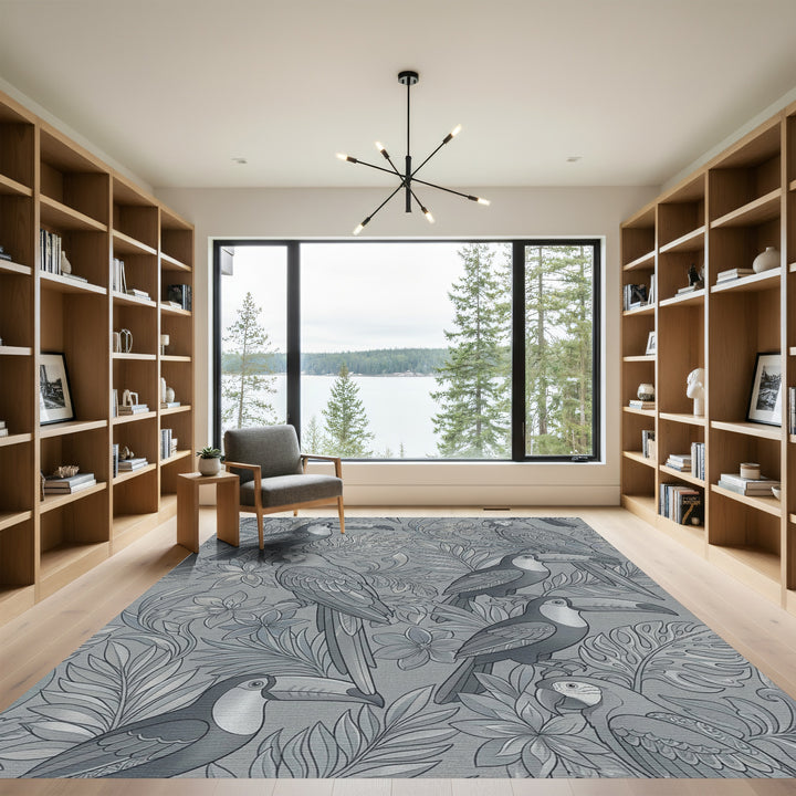 Charcoal Gray Tropical Birds Wallpaper Rug