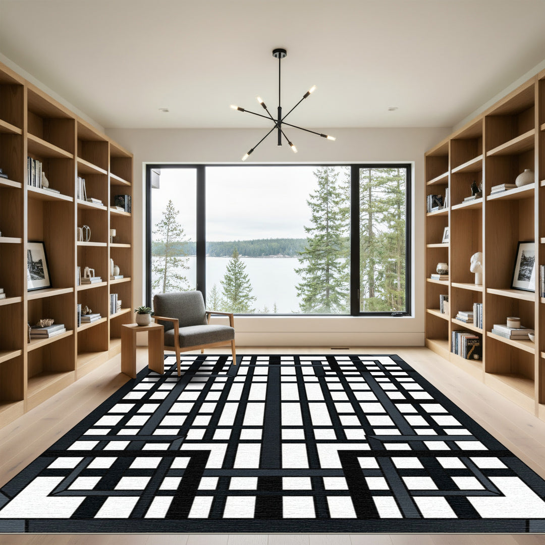 Modern Dark Geometric Lattice Composition Rug