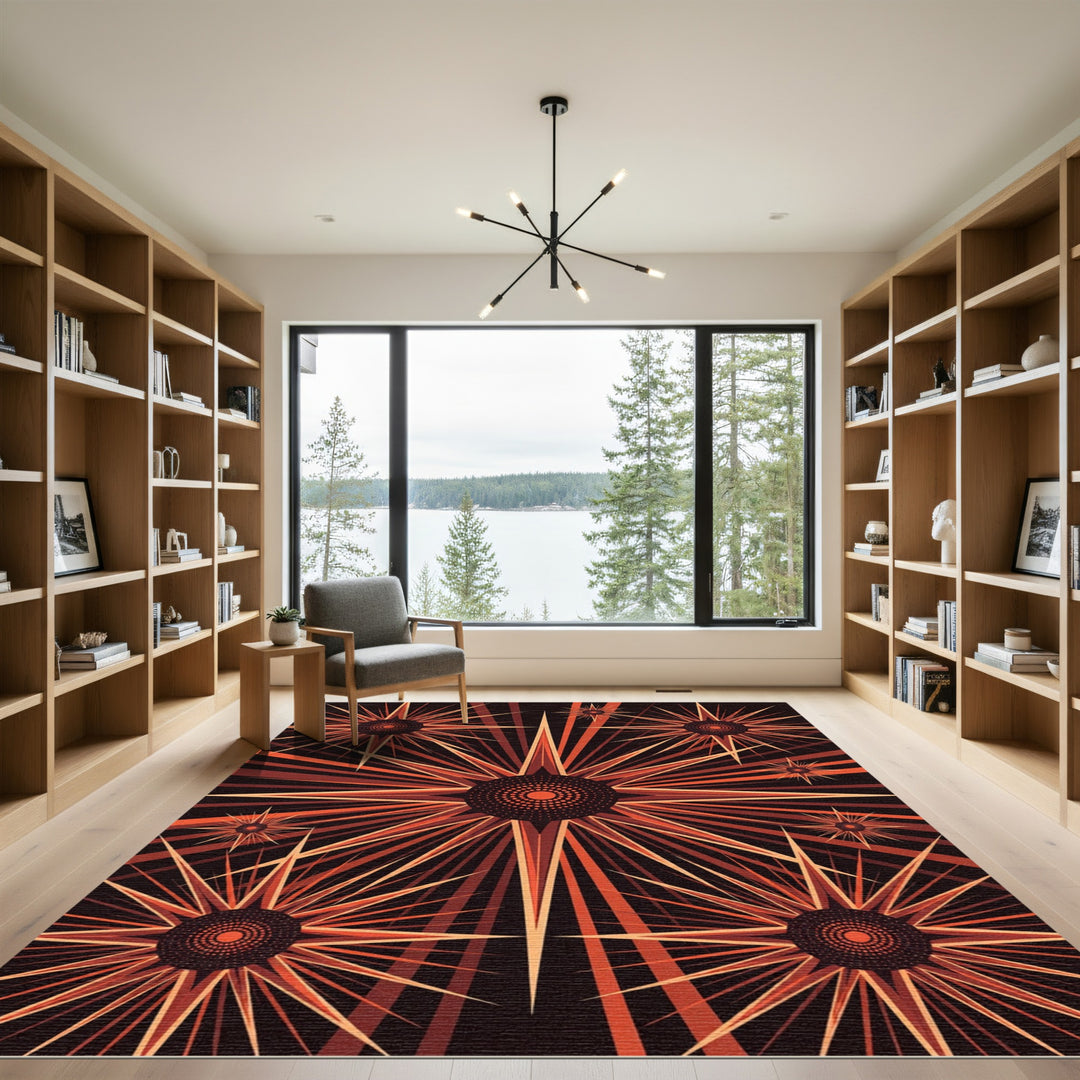 Crimson Sunburst Starburst Floral Rug