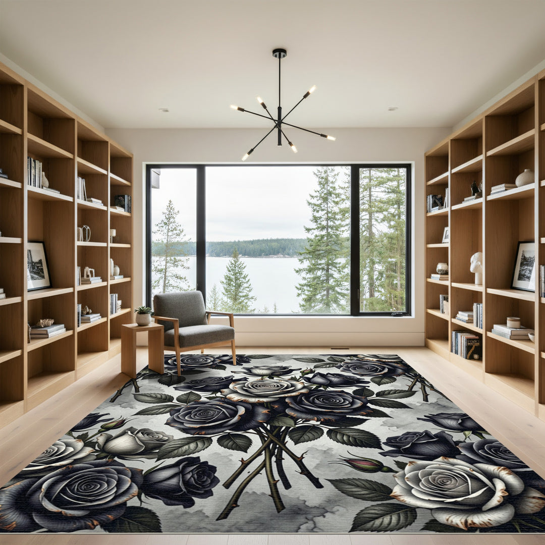 Monochromatic Black Rose Bouquet Arrangement Rug