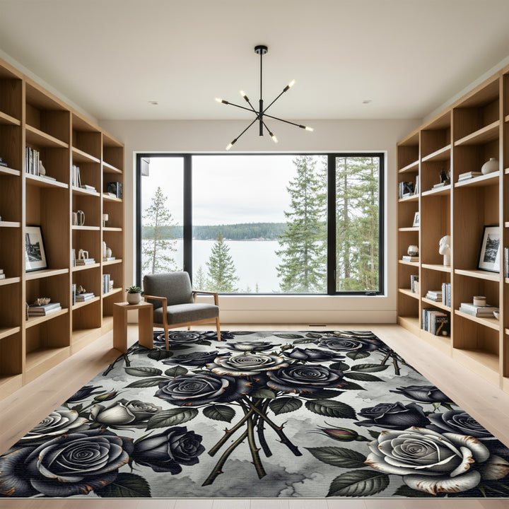 Monochromatic Black Rose Bouquet Arrangement Rug
