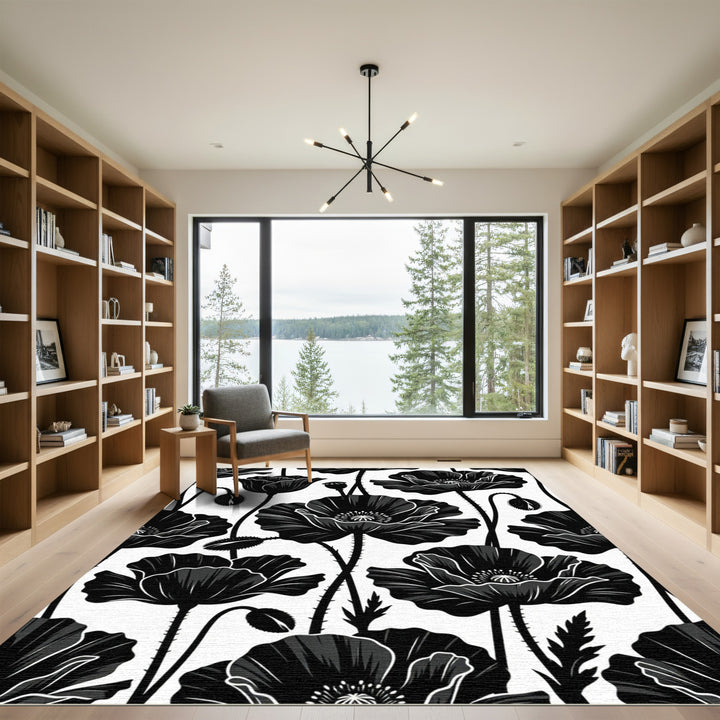 Black Poppy Floral Silhouette Rug