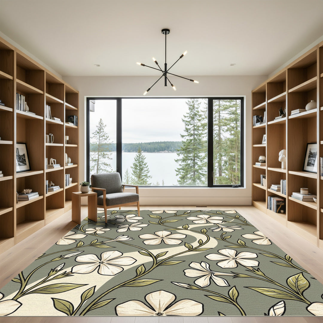 Cream Periwinkle Vine Silhouette Rug