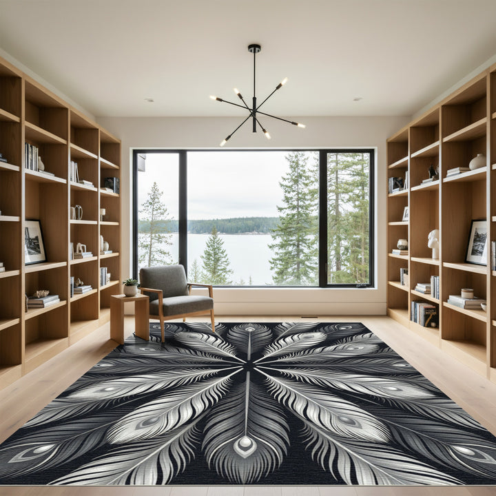 Elegant Silver Peacock Feather Mandala Rug